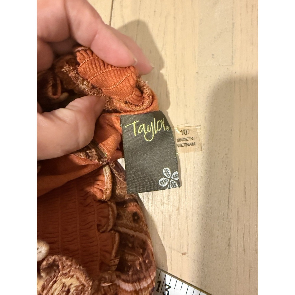 Taylor Paisley‎ Chiffon Maxi Dress Halter Ruffle Smocked Brown Orange Beige 10 - Picture 4 of 5